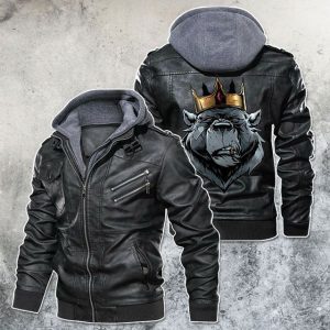 Black, Brown Leather Jacket For Men Fear The King Bear Motorcycle