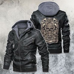 Black, Brown Leather Jacket For Men Overlord Skull