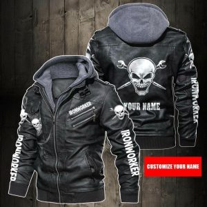 Black, Brown Leather Jacket For Men Personalized Name Iron Worker Skull