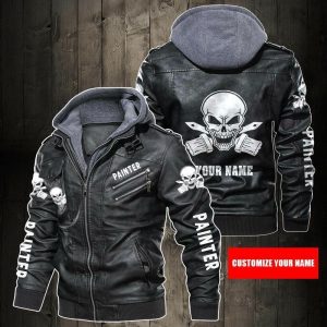 Black, Brown Leather Jacket For Men Personalized Name Painter Skull