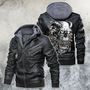 Black, Brown Leather Jacket For Men Demon Skull