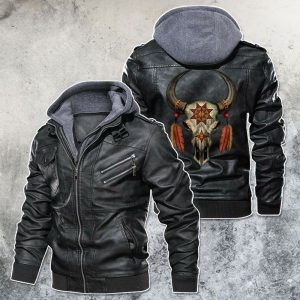 Black, Brown Leather Jacket For Men Native Buffalo Skull