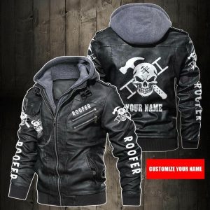 Black, Brown Leather Jacket For Men Personalized Name Roofer Skull