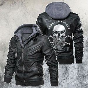 Black, Brown Leather Jacket For Men Beard Till Death Barber Skull