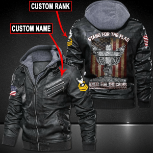 Black, Brown Leather Jacket For Men Stand For The Flag - Kneel For The Cross Personalized Name & Rank