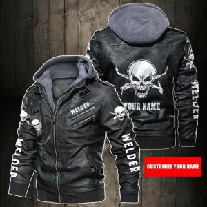 Black, Brown Leather Jacket For Men Personalized Name Welder Skull
