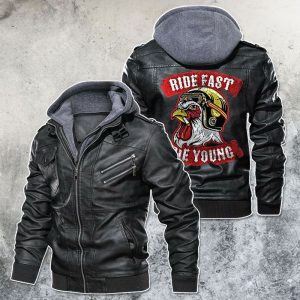 Black, Brown Leather Jacket For Men Ride Fast Die Young Helmet Chicken