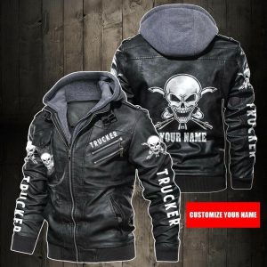 Black, Brown Leather Jacket For Men Personalized Name Trucker Skull