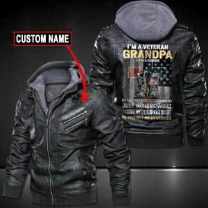 Black, Brown Leather Jacket For Men I'M A Veteran Grandpa Personalized Name