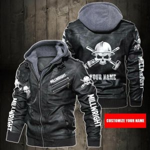 Black, Brown Leather Jacket For Men Personalized Name Millwright Skull