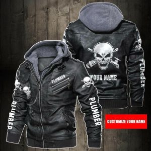 Black, Brown Leather Jacket For Men Personalized Name Plumber Skull