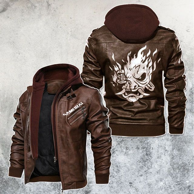 Black, Brown Leather Jacket For Men Samurai Mask Cyberpunk 2077 ...