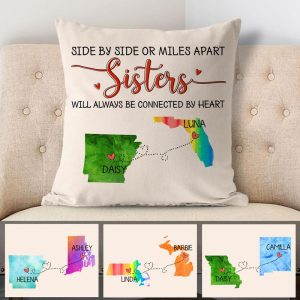 Sisters will always be connected by heart Long Distance, Personalized State Colors Pillow, Custom Moving Gift