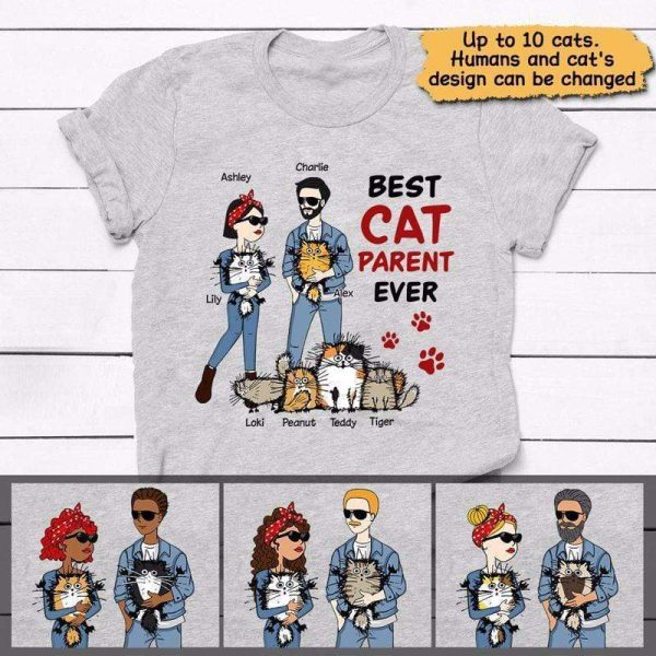 Apparel Best Cat Parent Ever Funny Cat Stick Couple Personalized Shirt Classic Tee / Ash Classic Tee / S