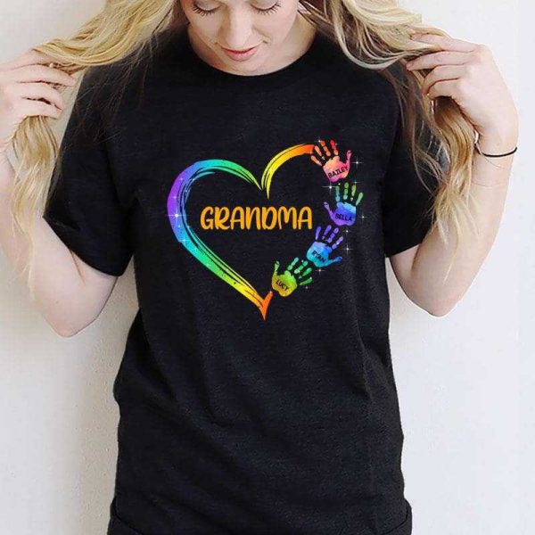 Apparel Grandma Mom Heart Hand Print Personalized Shirt