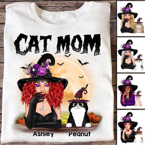 Apparel Halloween Witch Cat Mom Personalized Shirt Classic Tee / White Classic Tee / S