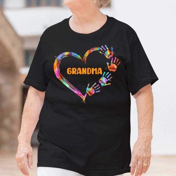 Apparel Mom Grandma Colorful Heart Hand Print Personalized Shirt
