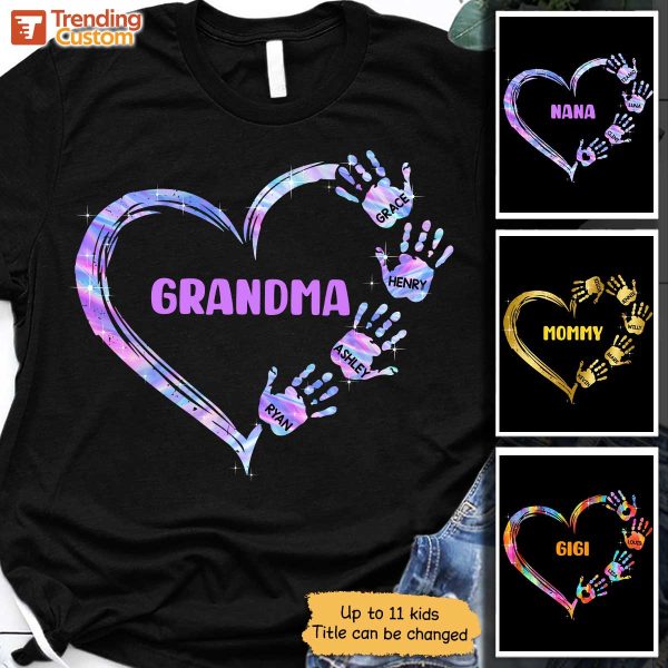Apparel Mom Grandma Colorful Heart Hand Print Personalized Shirt Classic Tee / Black Classic Tee / S