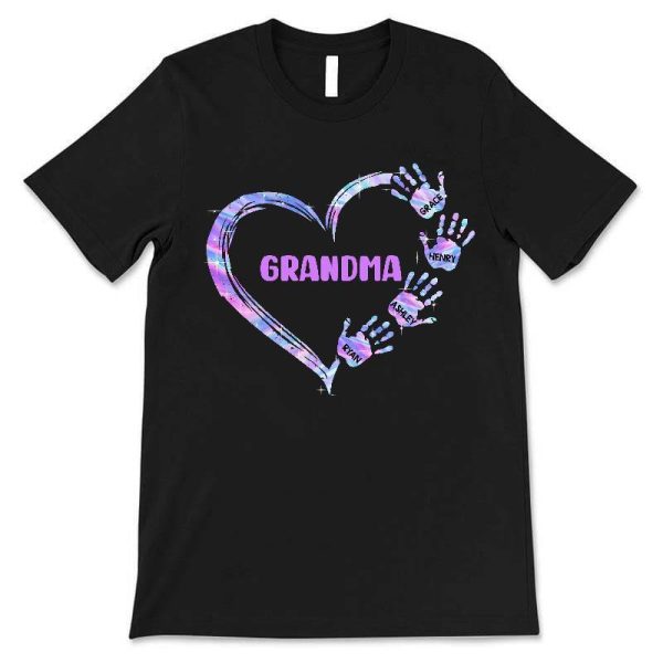 Apparel Mom Grandma Colorful Heart Hand Print Personalized Shirt Classic Tee / Black Classic Tee / S