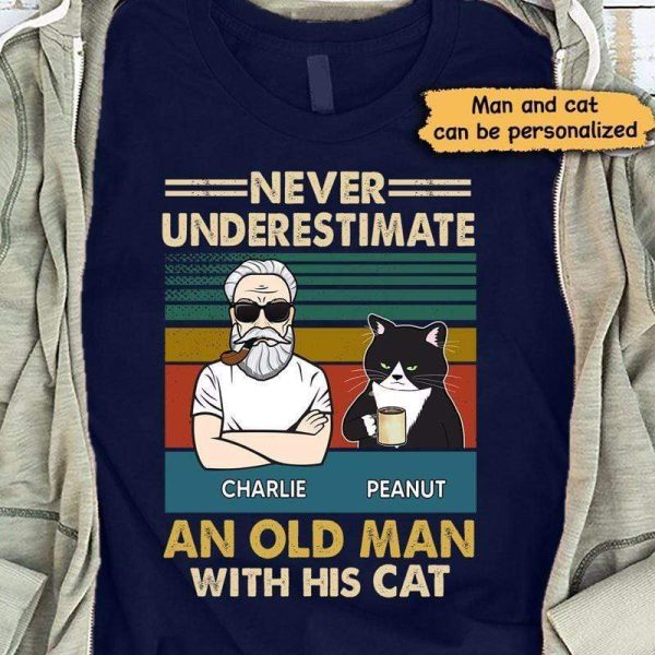 Apparel Never Underestimate An Old Man With His Cats Personalized Shirt Classic Tee / Navy Classic Tee / S