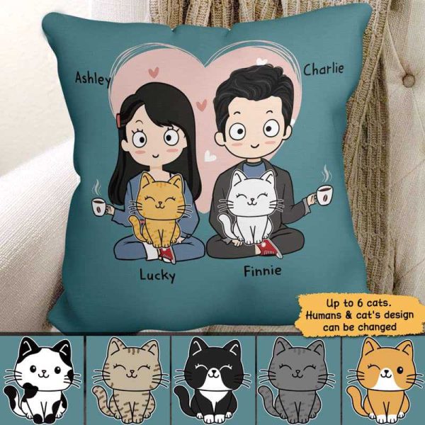 Pillow Chibi Couple and Sitting Cat Personalized Pillow (Insert Included) 18x18 / Linen