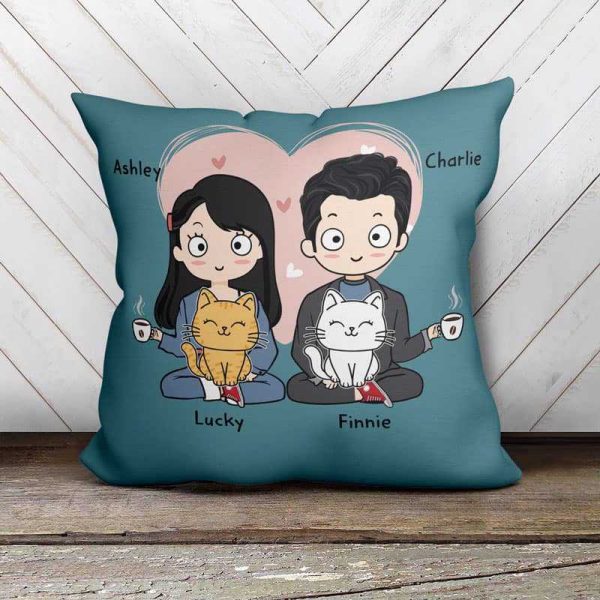 Pillow Chibi Couple and Sitting Cat Personalized Pillow (Insert Included)