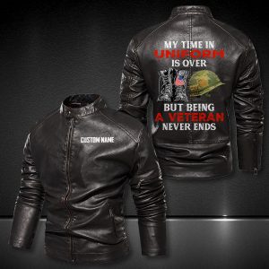 Personalized Leather Jacket My Time In Uniform Is Over - But Being A Veteran Never Ends