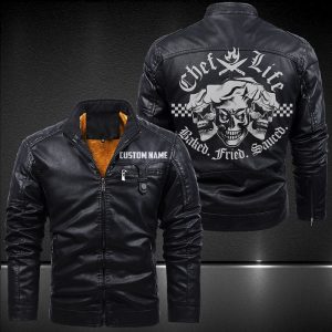 Zip Pocket Motorcycle Leather Jacket Skull Chef Life