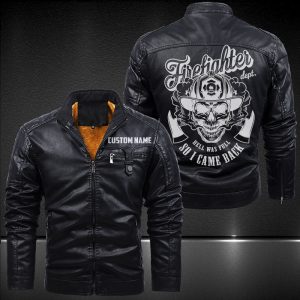 Zip Pocket Motorcycle Leather Jacket Skull Firefighter