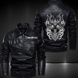 Personalized Lapel Leather Jacket Hellfire Devil Skull