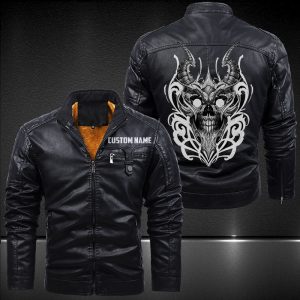Zip Pocket Motorcycle Leather Jacket Hellfire Devil Skull