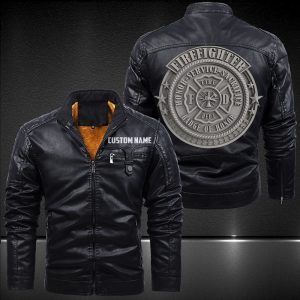 Zip Pocket Motorcycle Leather Jacket Firefighter Life Badge Of Honor