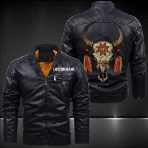 Zip Pocket Motorcycle Leather Jacket Native Buffalo Skull