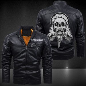 Zip Pocket Motorcycle Leather Jacket Skull And Art