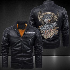 Zip Pocket Motorcycle Leather Jacket Armed Forces Strong And Free