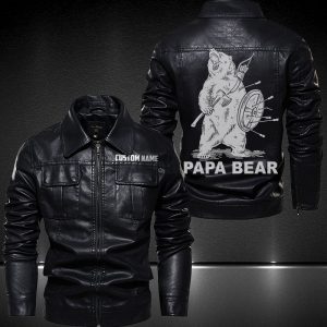 Personalized Lapel Leather Jacket Papa bear Warrior