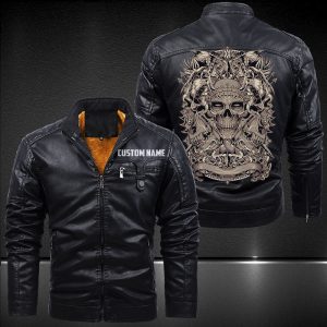 Zip Pocket Motorcycle Leather Jacket Overlord Skull