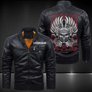 Zip Pocket Motorcycle Leather Jacket America Native Skull