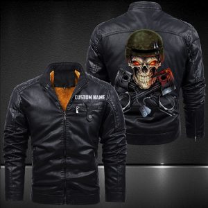 Zip Pocket Motorcycle Leather Jacket Biker Skull Dog Tag