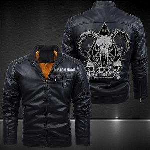 Zip Pocket Motorcycle Leather Jacket Demon Skull