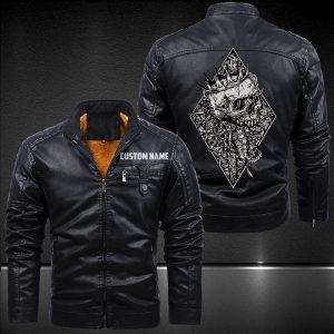 Zip Pocket Motorcycle Leather Jacket Demon Skull