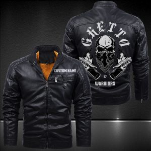Zip Pocket Motorcycle Leather Jacket Ghetto Warriors Skull