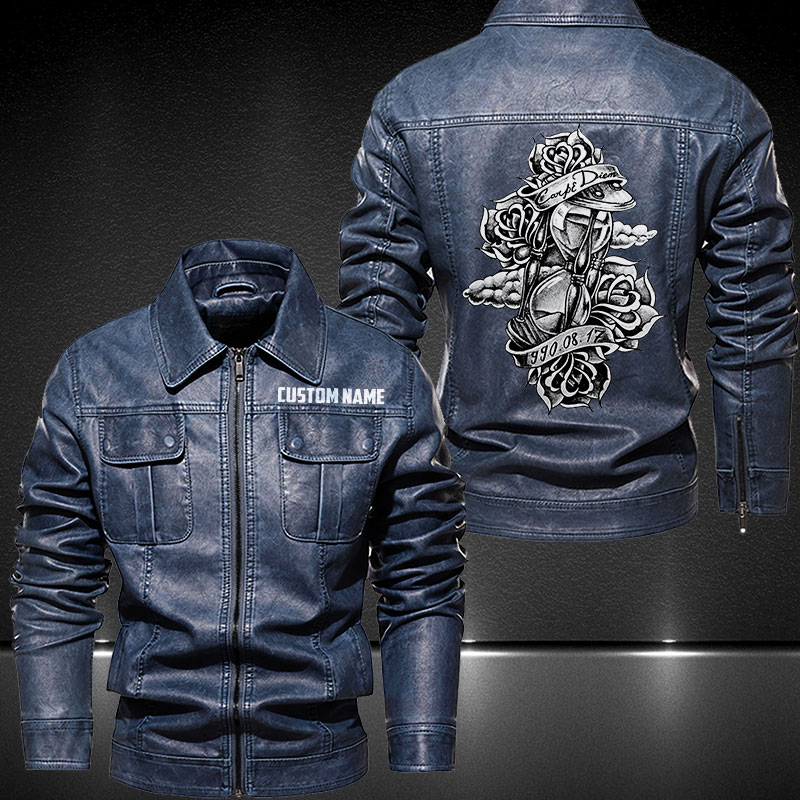Personalized Lapel Leather Jacket Hourglass and Flowers – Vetigoti