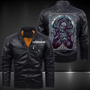 Zip Pocket Motorcycle Leather Jacket Death God