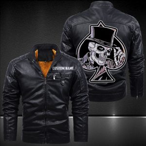 Zip Pocket Motorcycle Leather Jacket Gamble Club Skull