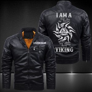 Zip Pocket Motorcycle Leather Jacket I'm A Viking Biker