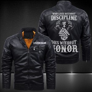 Zip Pocket Motorcycle Leather Jacket Who Lives Without Discipline Dies Without Honor