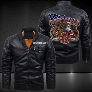 Zip Pocket Motorcycle Leather Jacket United States Firefighter