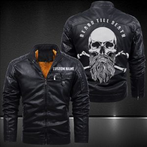 Zip Pocket Motorcycle Leather Jacket Beard Till Death Barber Skull