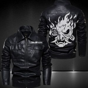 Personalized Lapel Leather Jacket Samurai Mask Cyberpunk 2077 Motorcycle Leather Jacket, Plus Size